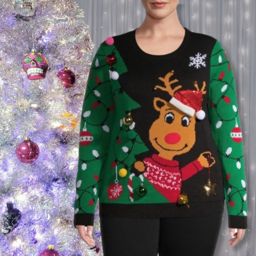 Rudolph & Tree Bling Ugly Christmas Sweater Crew Neck NWT